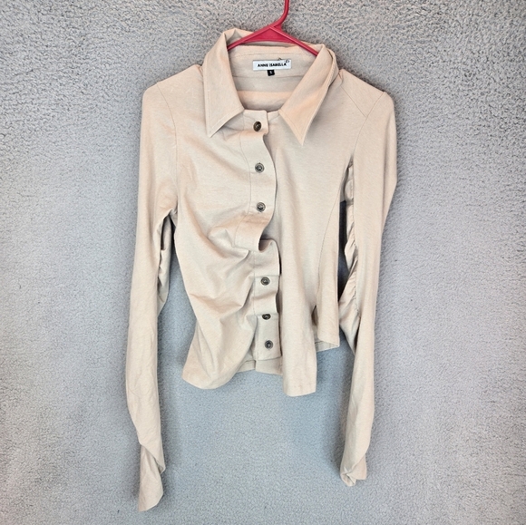 Anne Isabella Beige Asymmetrical Womens Shirt Sz S Button Front Long Sleeve - Picture 2 of 15